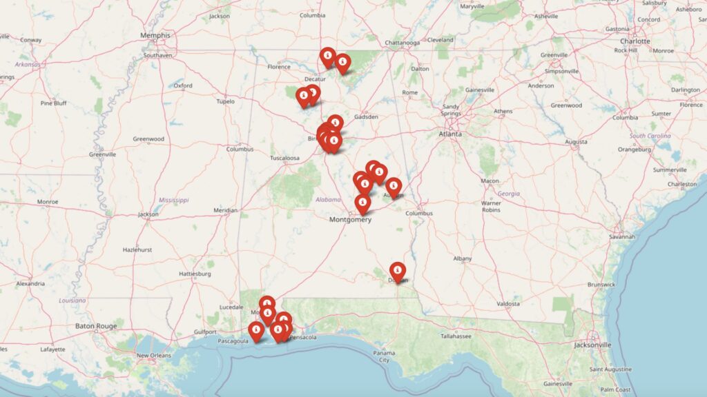 Map of Alabama marking the 25 most expensive towns and cities based on November 2024 home values