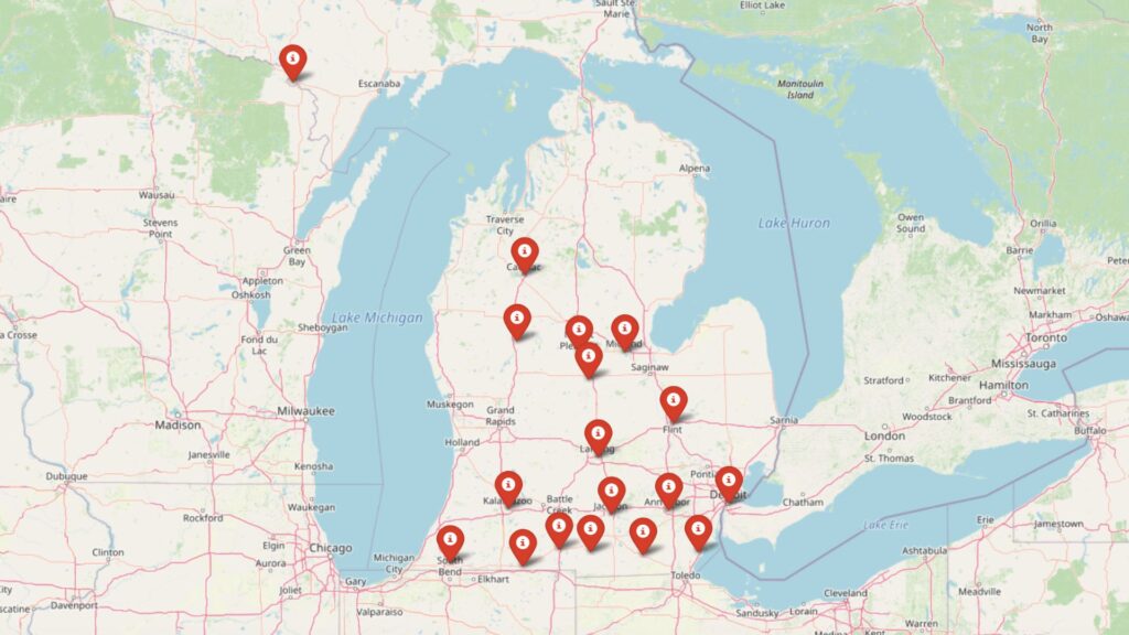 Map of Michigan marking the 19 towns with projected lowest home value growth rate in 2025