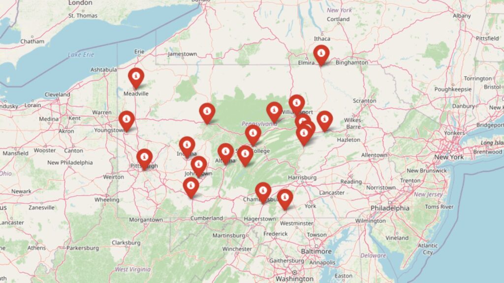 Map marking the Pennsylvania towns with projected lowest home value growth in 2025