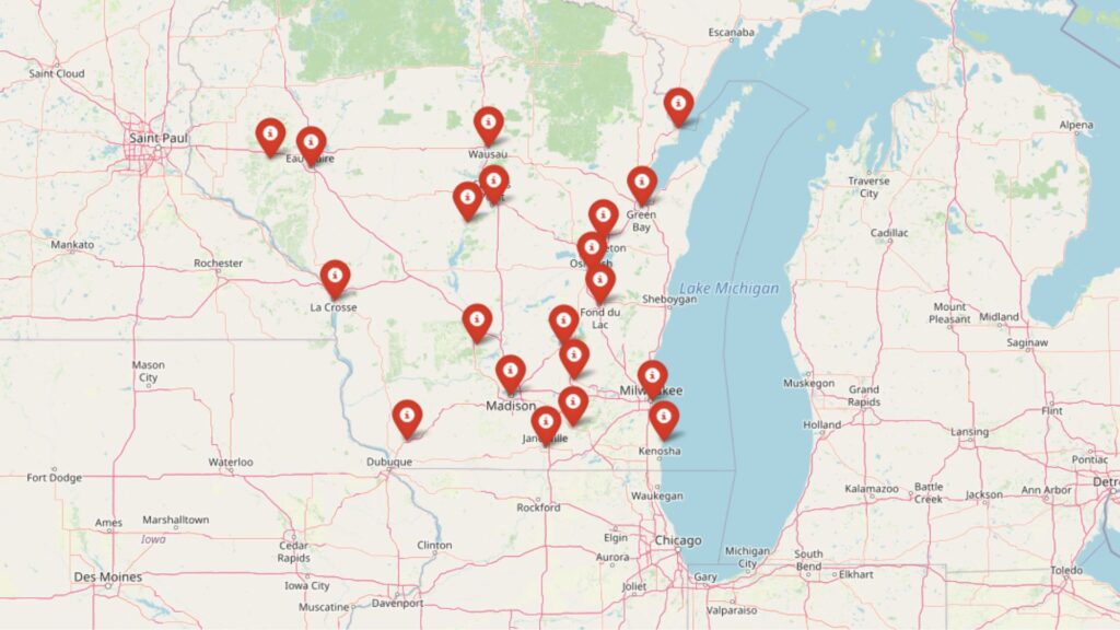 Map showing the 20 Wisconsin towns with the lowest projected home value growth in 2025