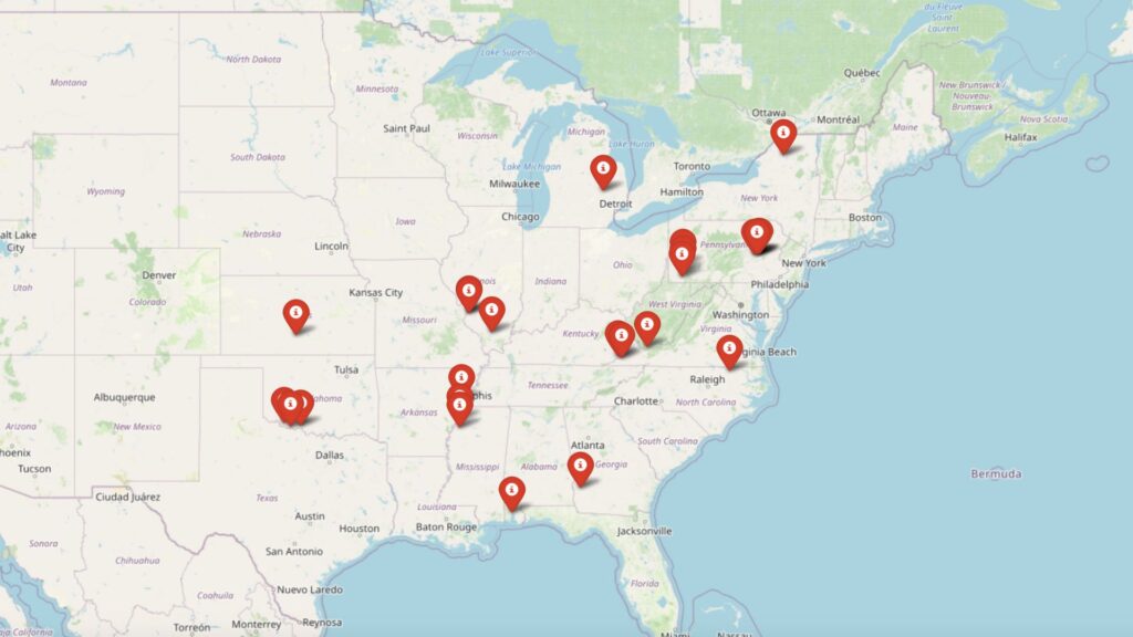 U.S. map marking the 25 towns with the lowest home prices