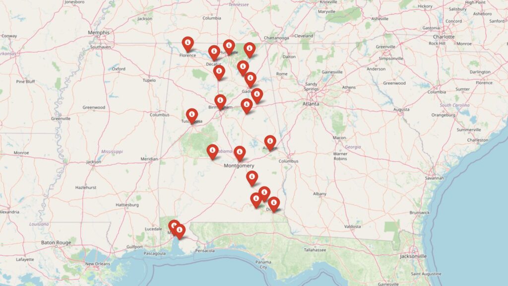 Alabama map marking towns for home price projected growth in 2025