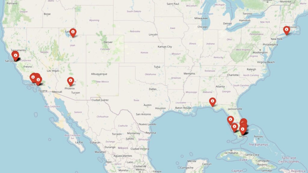 Map of USA showing the most expensive suburbs